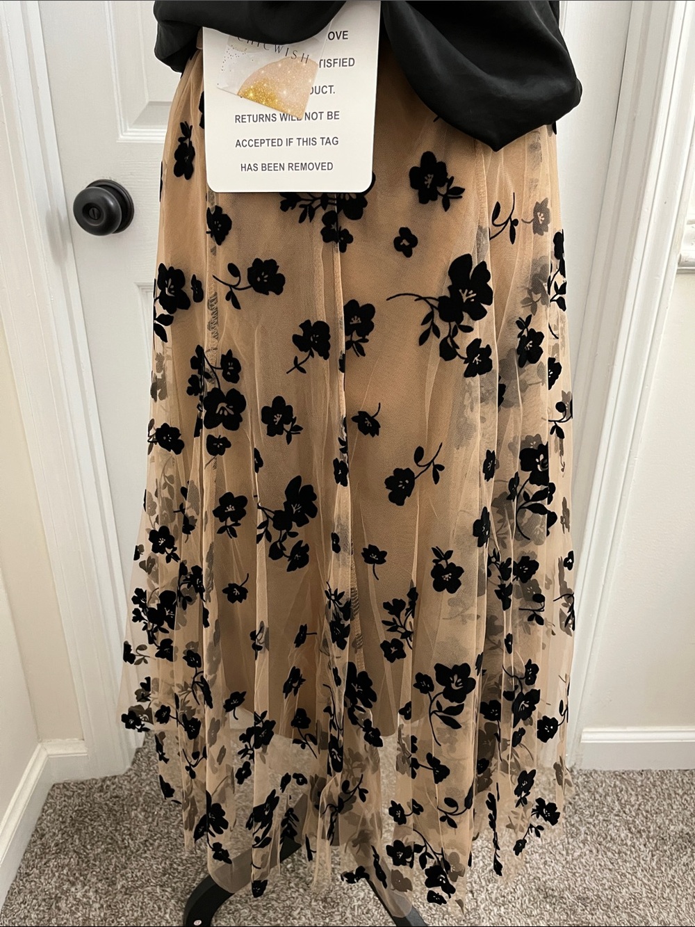 Chicwish Black Floral Appliqué Beige Tulle Midi Skirt - Picture 3 of 5